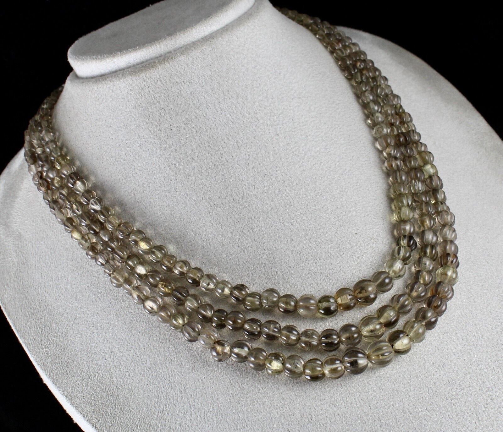 Natural Smoky Quartz Beads Carved Melon 3 L 485 Carats Antique Gemstone Necklace