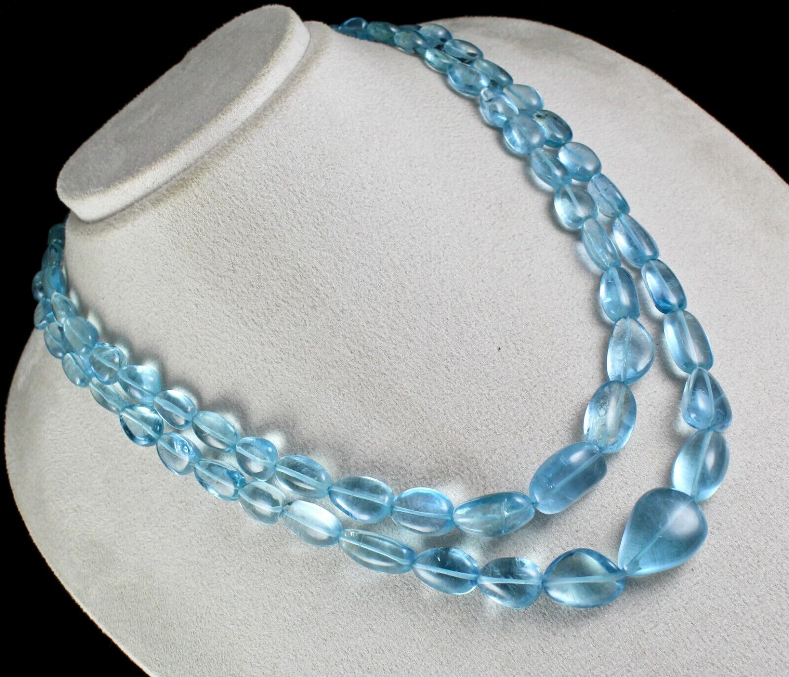 TOP NATURAL BLUE AQUAMARINE BEADS CABOCHON 2 LINE 628 CARATS GEMSTONE NECKLACE