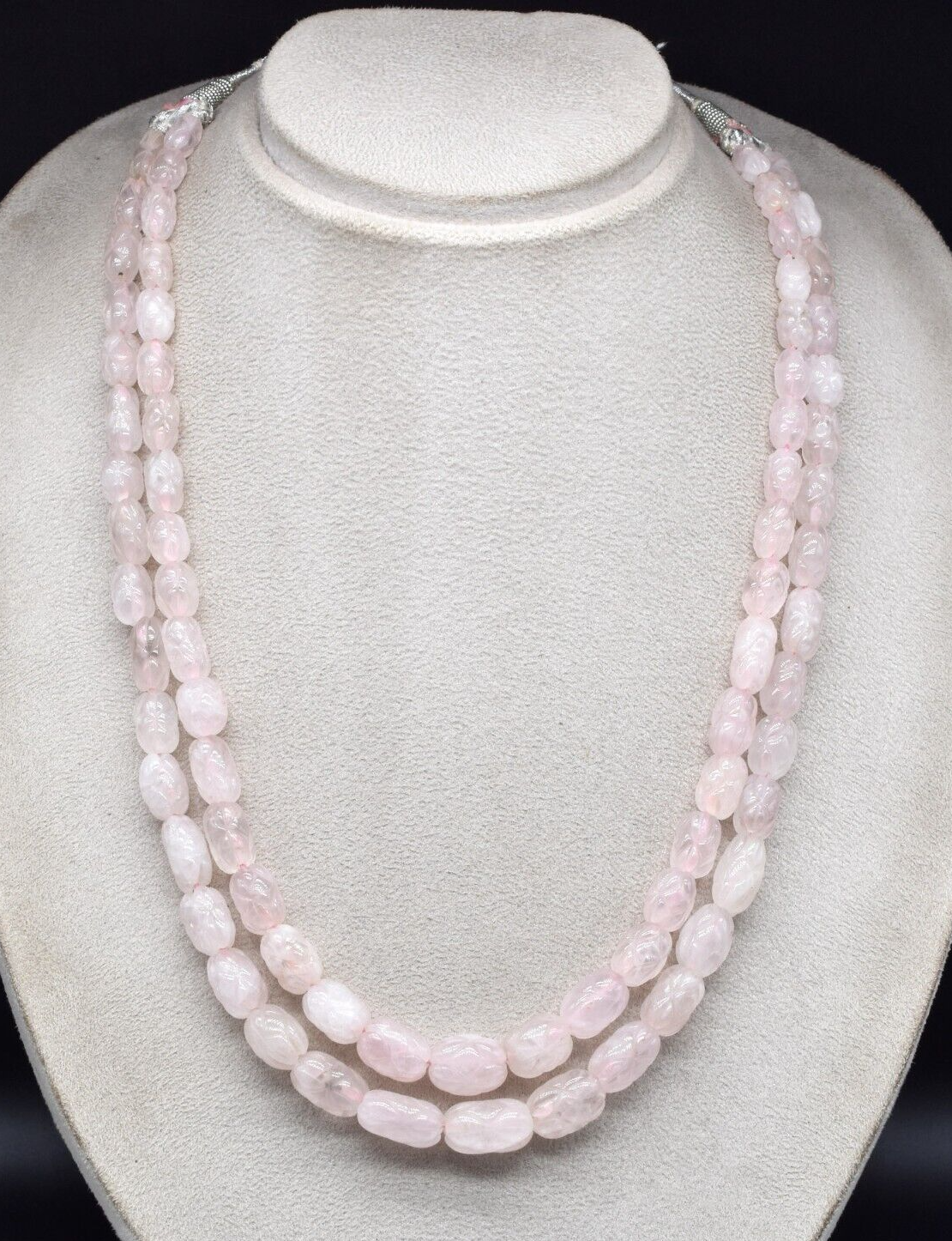 Vintage Rose Quartz Beaded Engraved Necklace 2 L 519 Ct Natural Gemstone