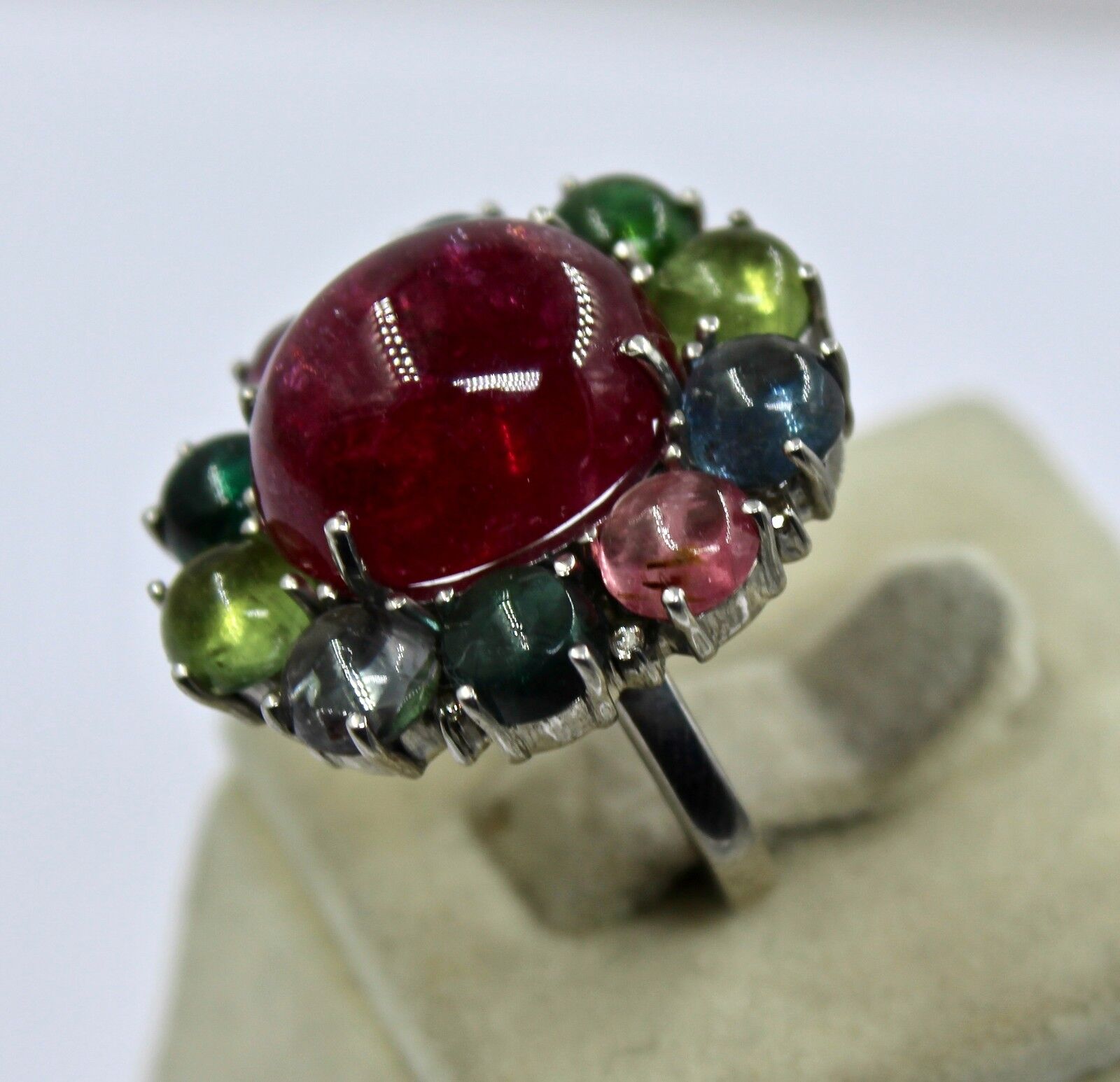 MULTI WATERMELON TOURMALINE CABOCHON DIAMOND 925 SILVER LADIES COCKTAIL RING