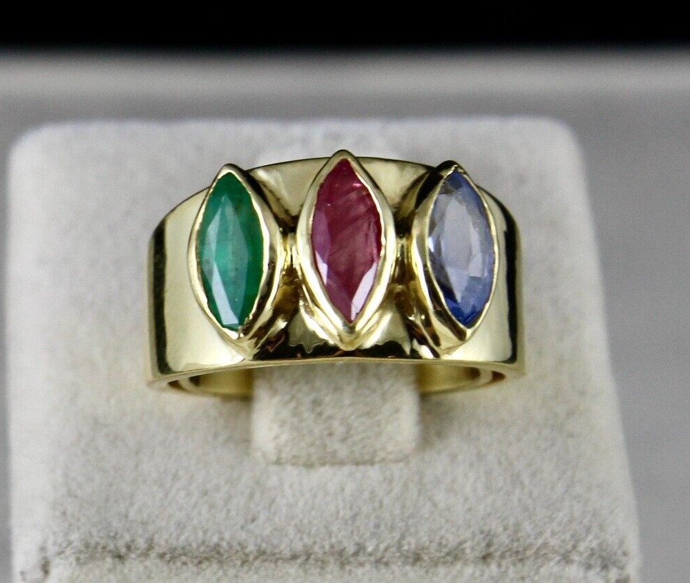 Elegant Natural Emerald 41.75ct Ruby Sapphire Marquise Sterling Silver Ring