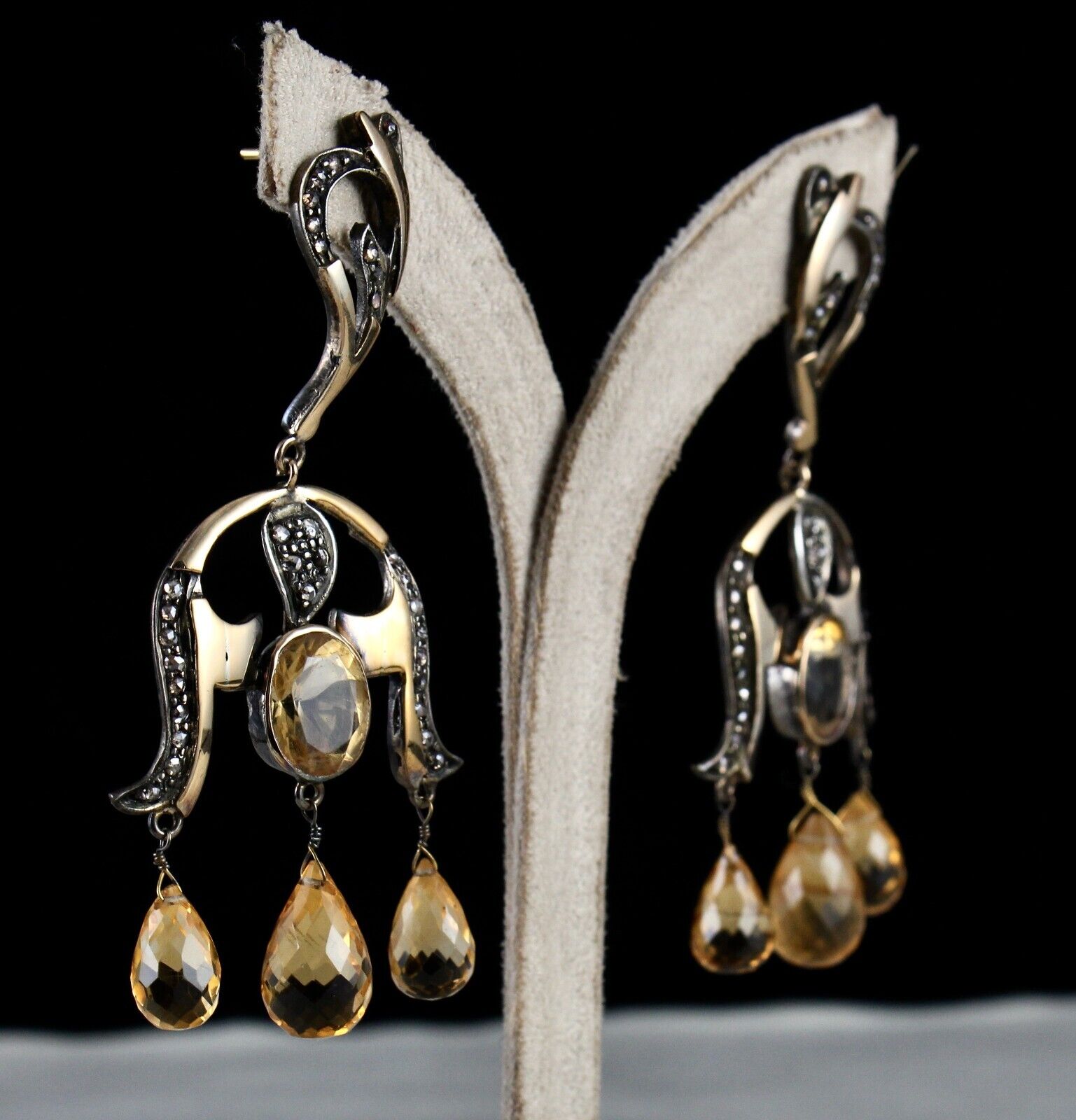 Natural Yellow Citrine Cut Diamond 18K Gold 925 Silver Victorian Vintage Earring