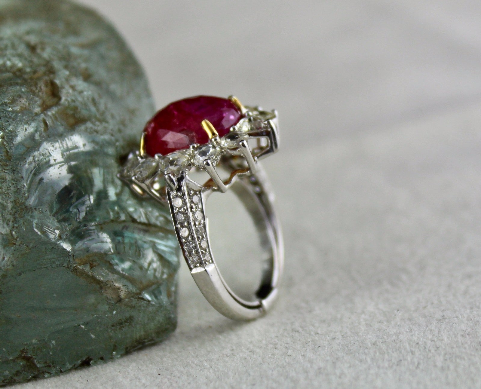 Certified Natural Burma Ruby Cabochon 10ct Diamond 18k White Gold Ring