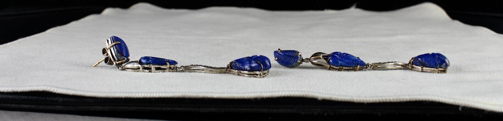 NATURAL LAPIS LAZULI CARVED LEAF DIAMOND 18K GOLD 925 SILVER VICTORIAN EARRING