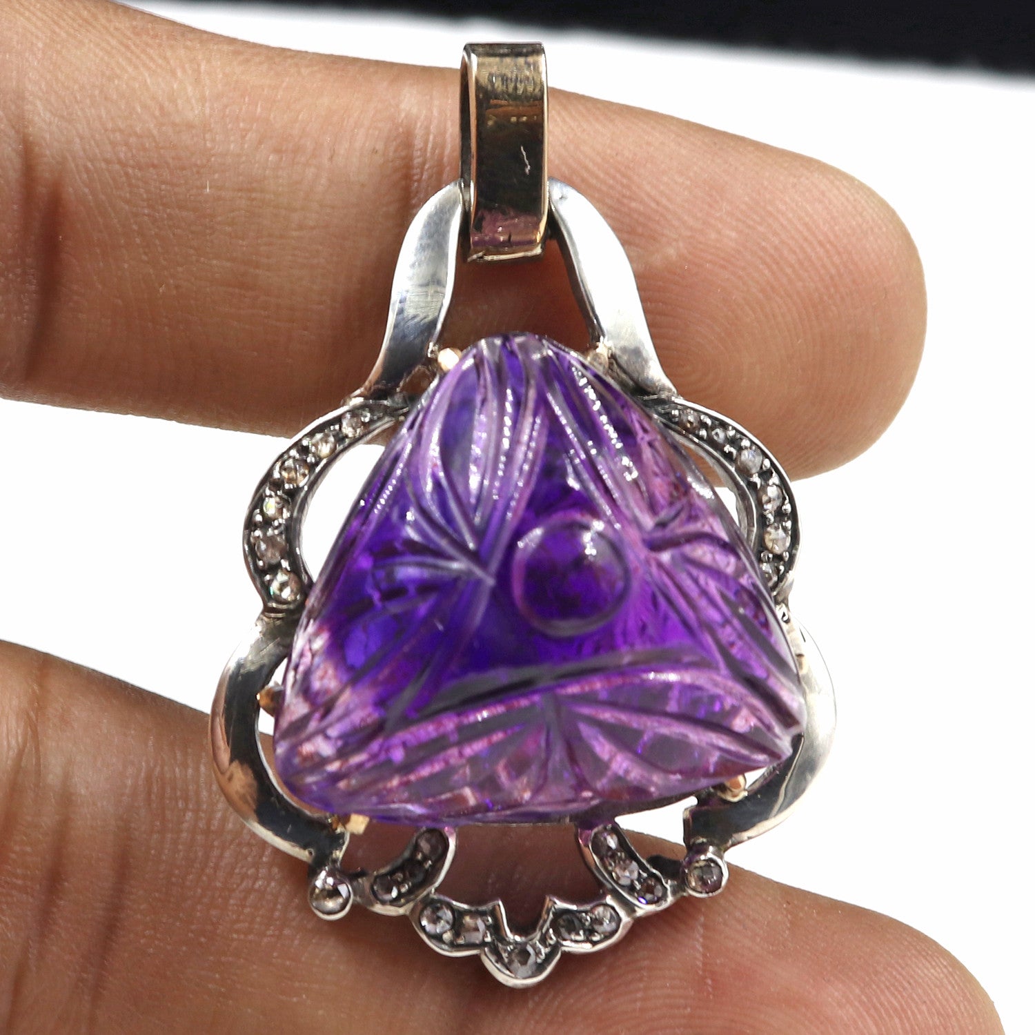 Antique Natural Amethyst 10ct Carved Diamond Victorian Pendant Sterling Silver