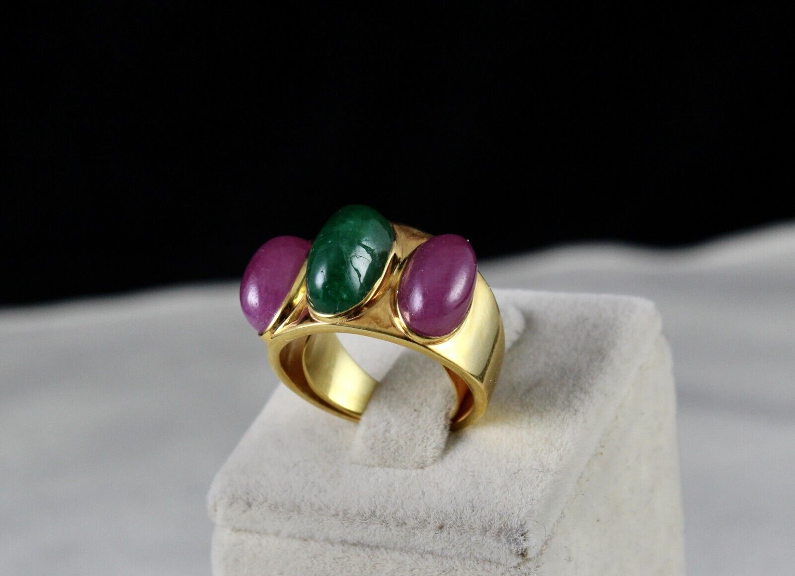 ANTIQUE NATURAL EMERALD RUBY CABOCHON GEMSTONE DIAMOND GOLD PLATED SILVER RING