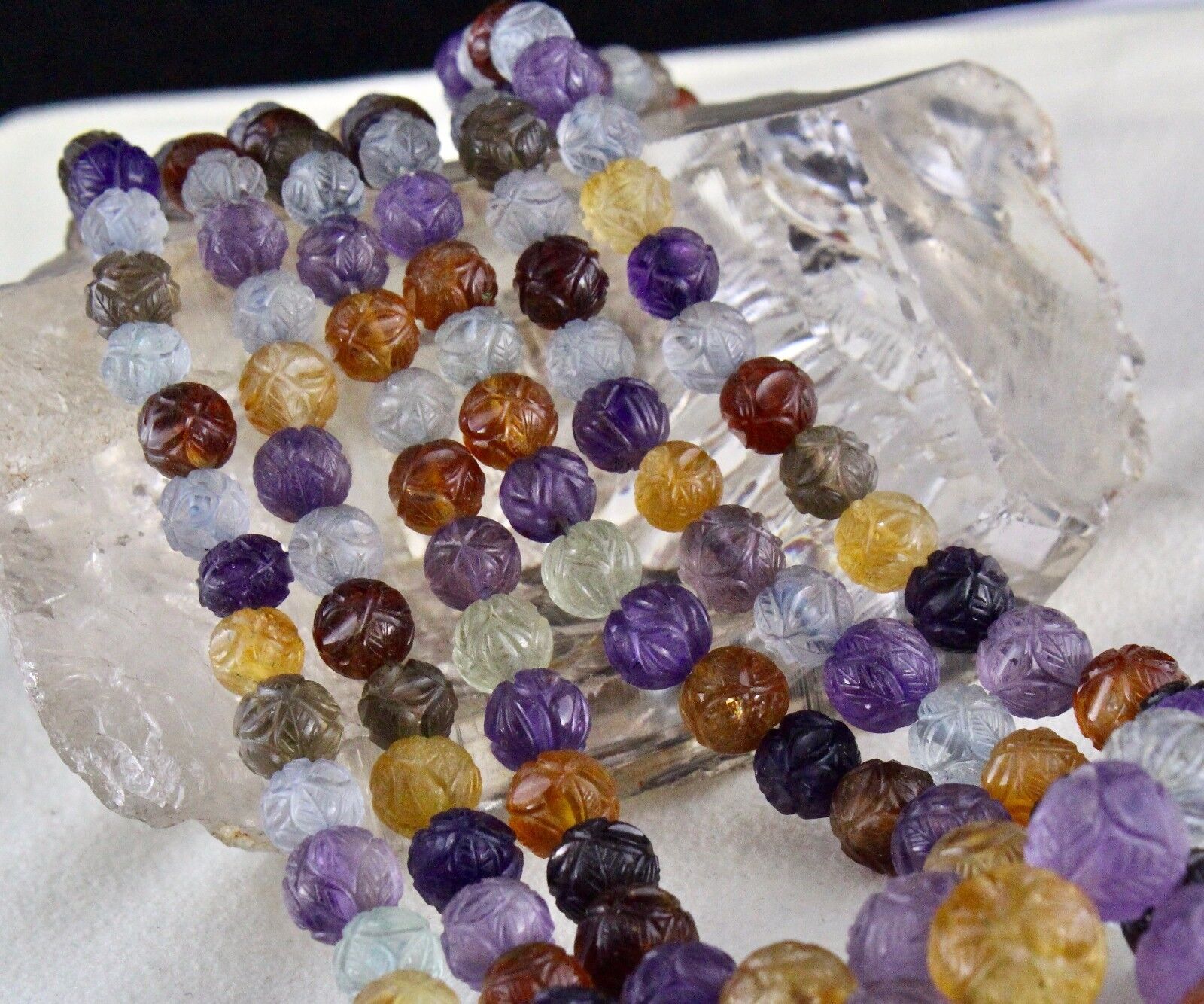 NATURAL MULTI AMETHYST CITRINE AQUAMARINE BEADS CARVED 708 CTS GEMSTONE NECKLACE