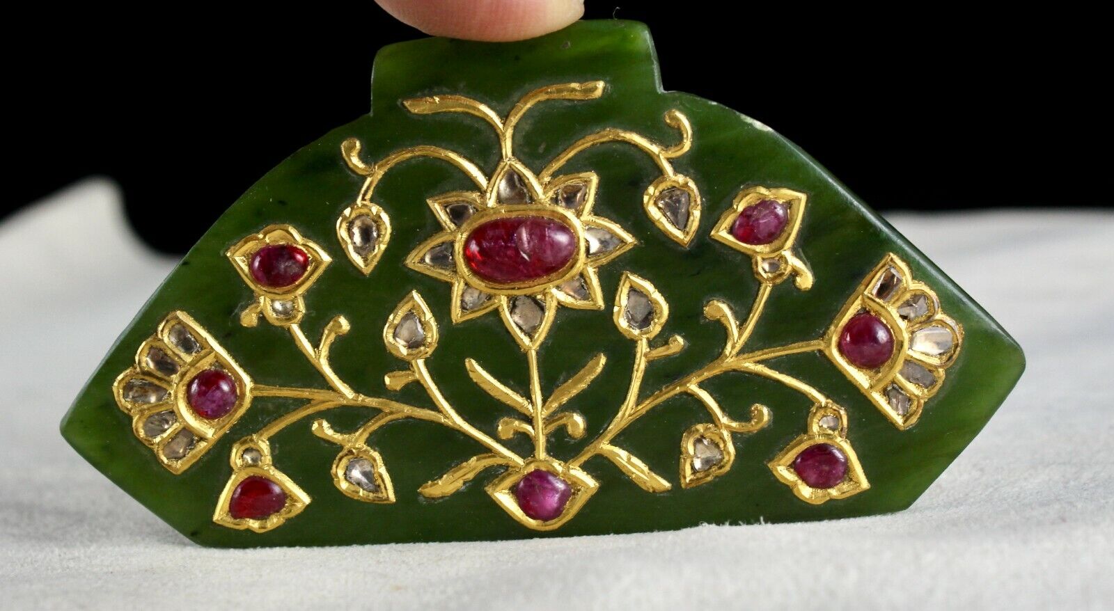 Natural Green Jade Old Pendant Flat Diamond Ruby 22K Gold Jadau Statement Piece