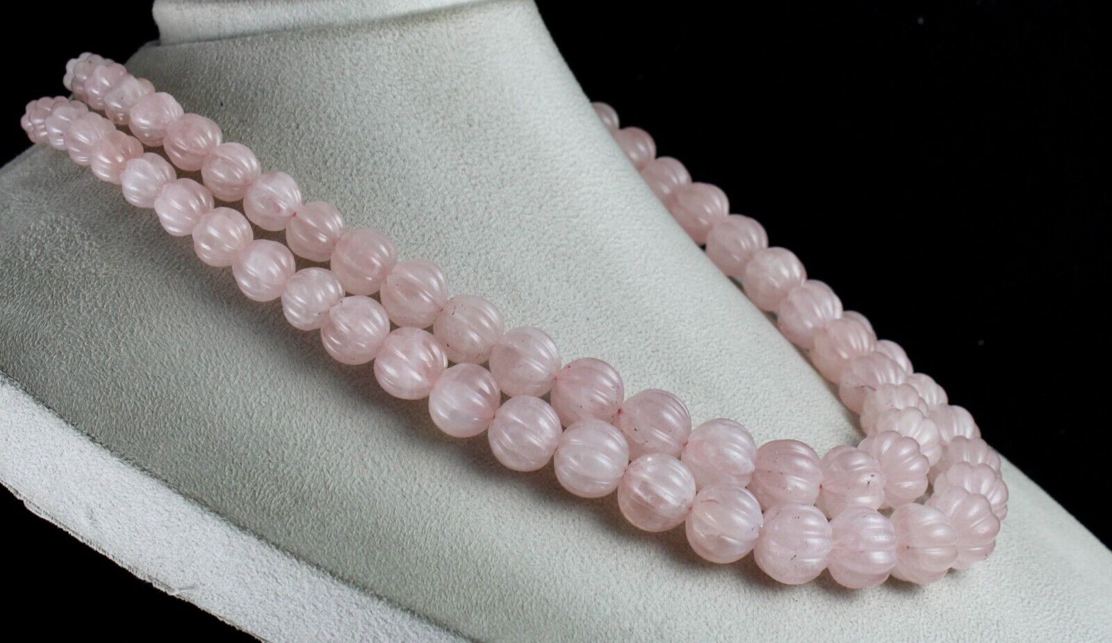 Vintage Natural Rose Quartz Melon Carved Beads 1436 Ct Gemstone Silver Necklace