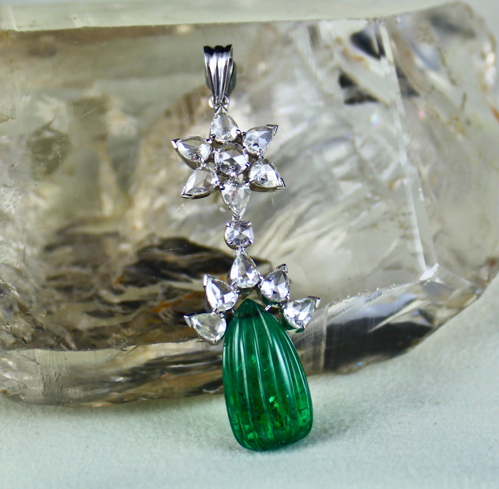 Certified Natural Emerald 10ct & Diamond Rose Cut Pendant Earring 18k Gold Set