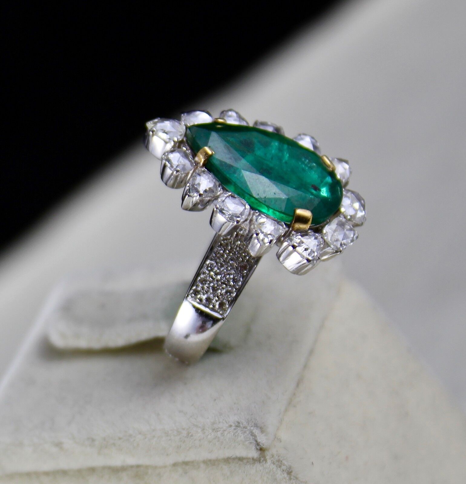Natural Zambian Emerald Pear Cut Rose Cut Diamond 18K Gold Cocktail Ring