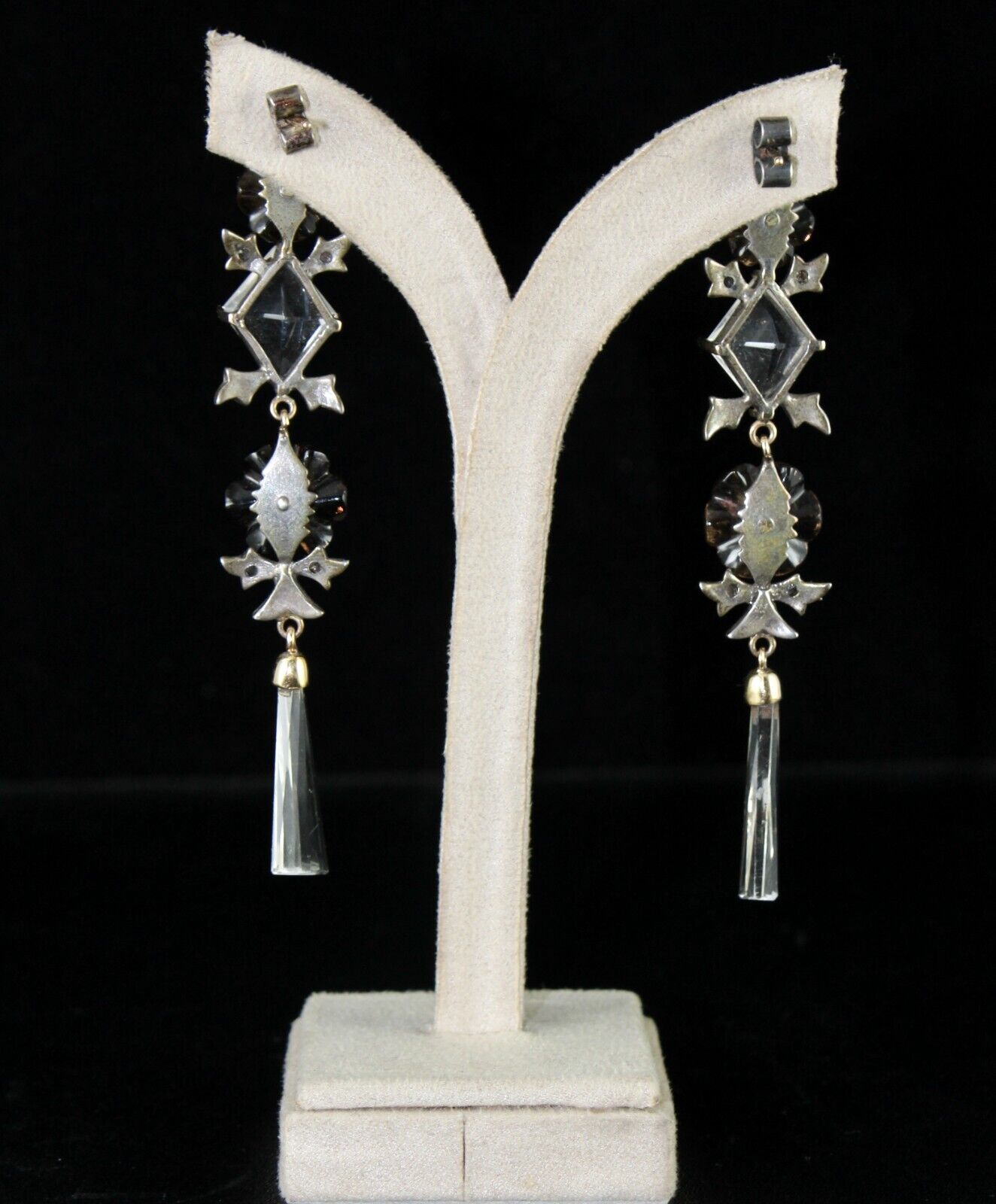 NATURAL SMOKY CRYSTAL QUARTZ CUT STONE DIAMOND 18K GOLD VICTORIAN SILVER EARRING