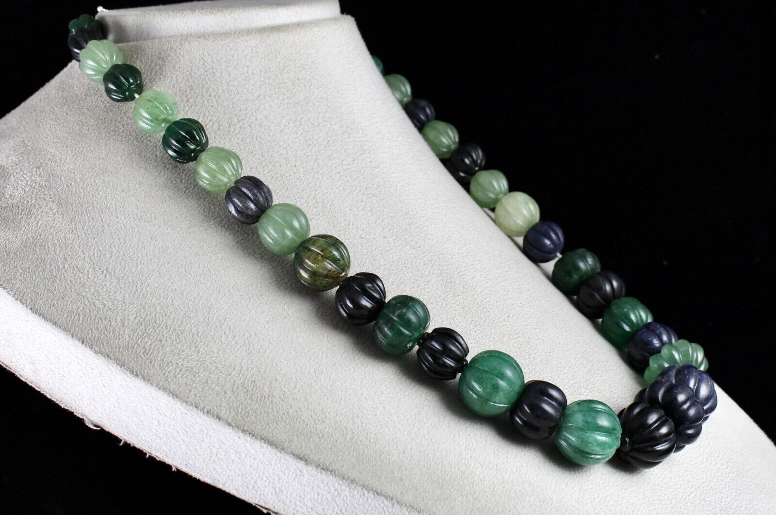 Natural Multi Jade Melon Carved Beads 960 Ct Blue Green Gemstone Silver Necklace