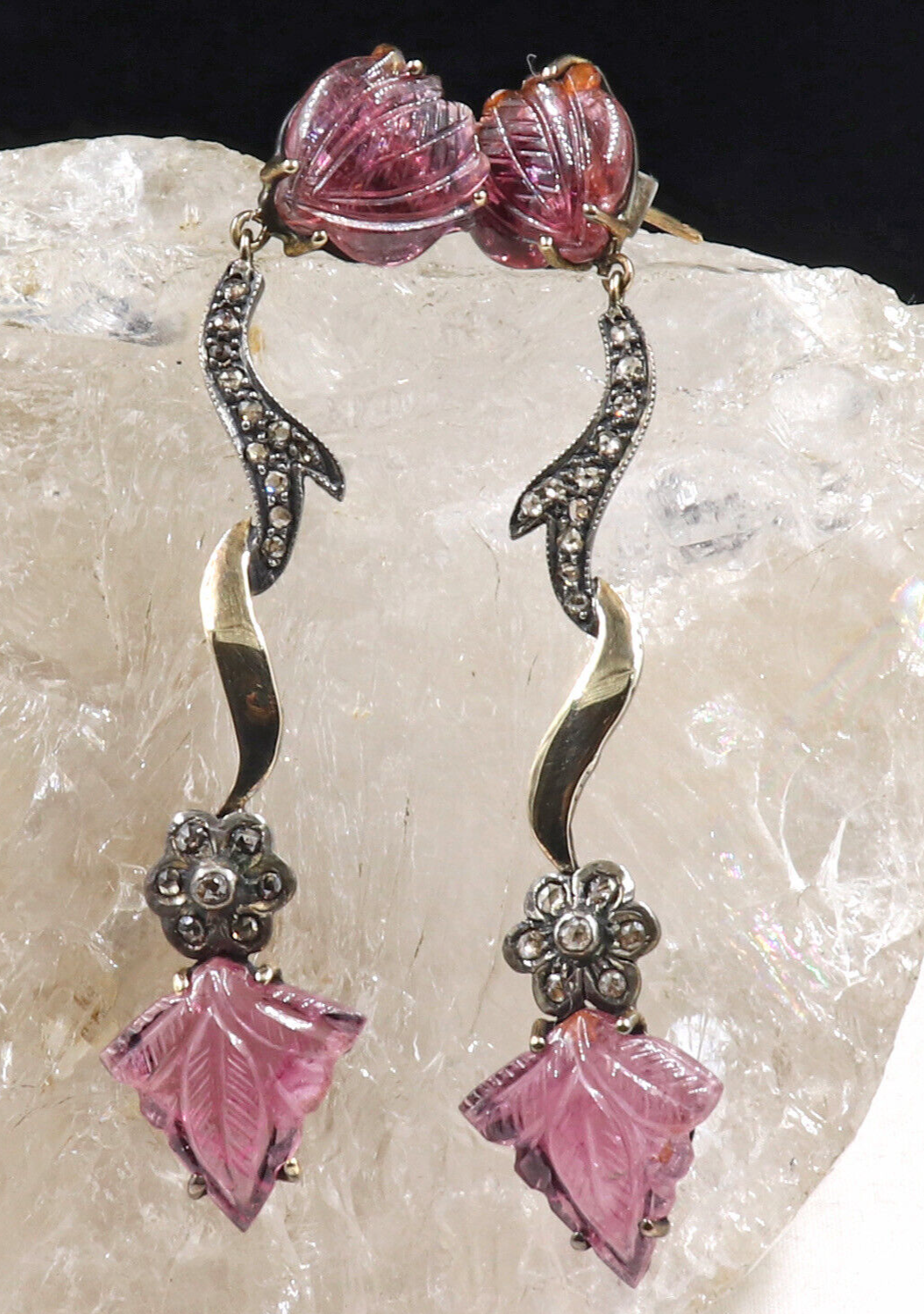 Natural Pink Tourmaline Carved Diamond 18K Gold 925 Silver Victorian Earring