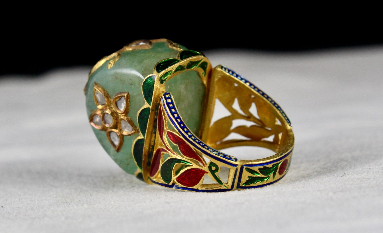 Antique Natural Colombian Emerald 10ct Diamond Kundan Meena Jadau Certified Ring