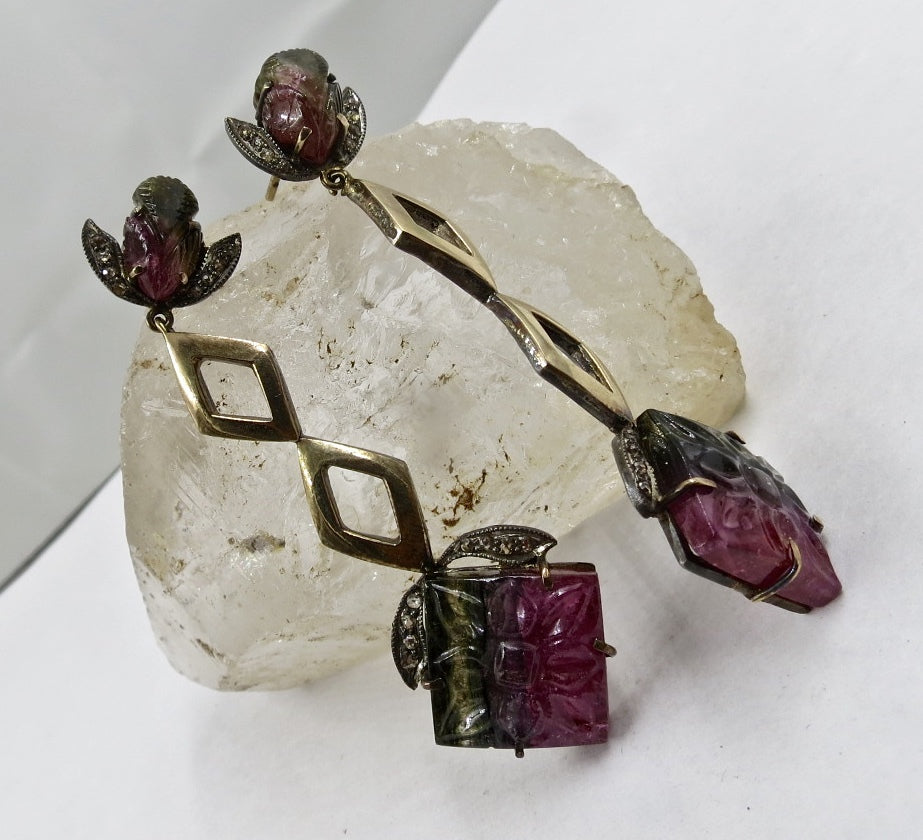 Natural Multi Tourmaline 79.63ct Natural Diamond 18k Sterling Silver Earrings