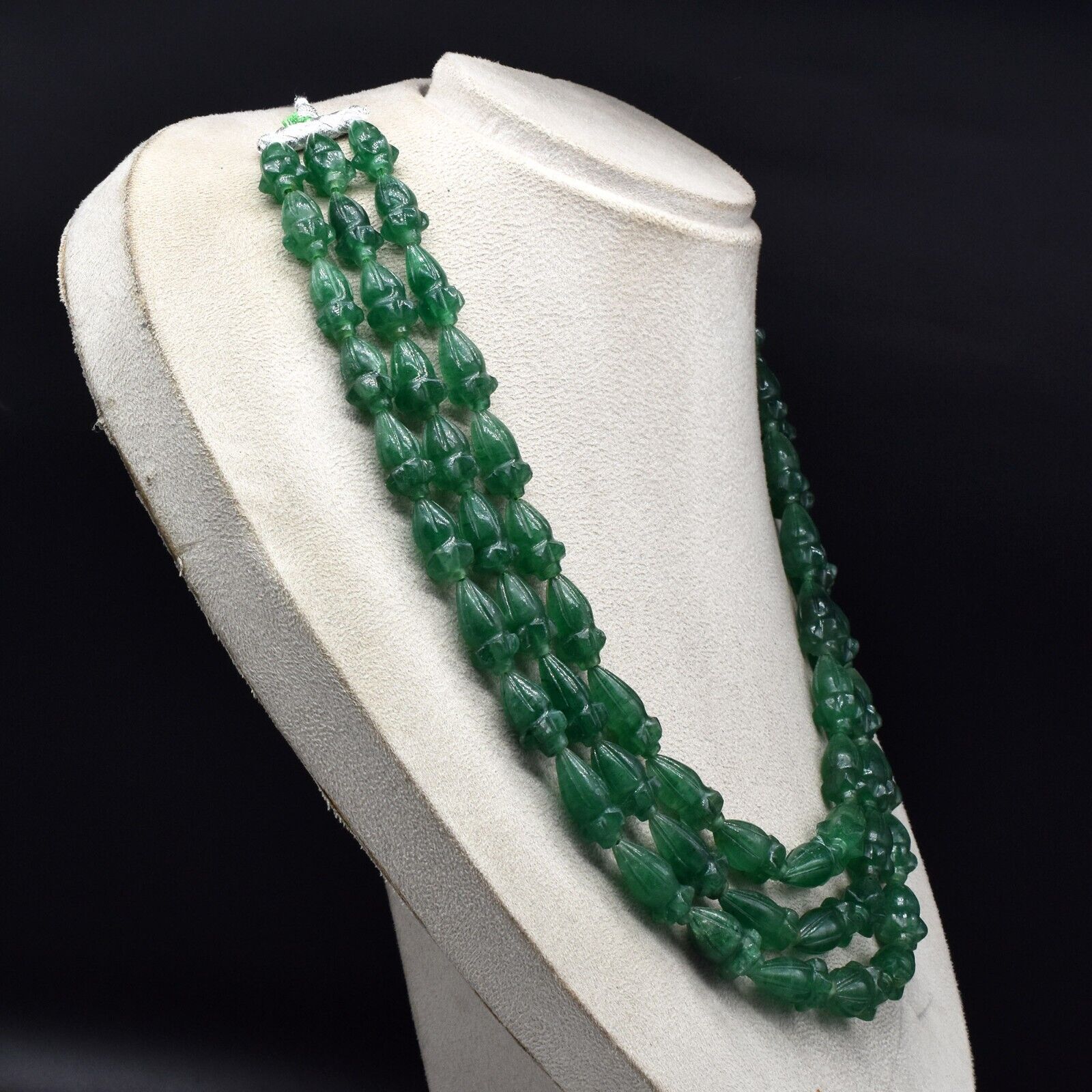 Natural Green Aventurine Quartz Engraved Beaded Necklace 3L 960 Ct Pear Gemstone