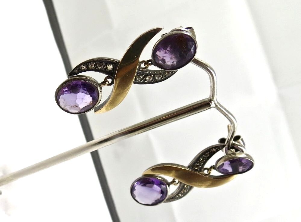 Natural Amethyst Cut Diamond 18K Gold 925 Silver Gemstone Fine Victorian Earring