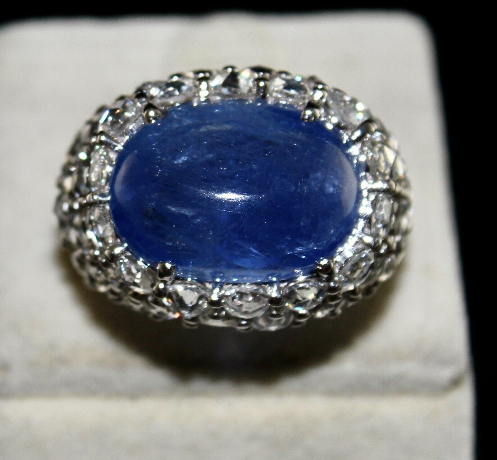 Natural Blue Sapphire Cabochon Rose Cut Diamond Studded 18k Gold Cocktail Ring