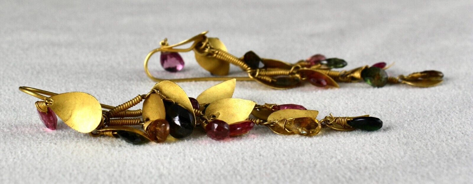 Fine Designer Multi Colour Tourmaline Teardrops 18K Yellow GOLD Leaves Earring