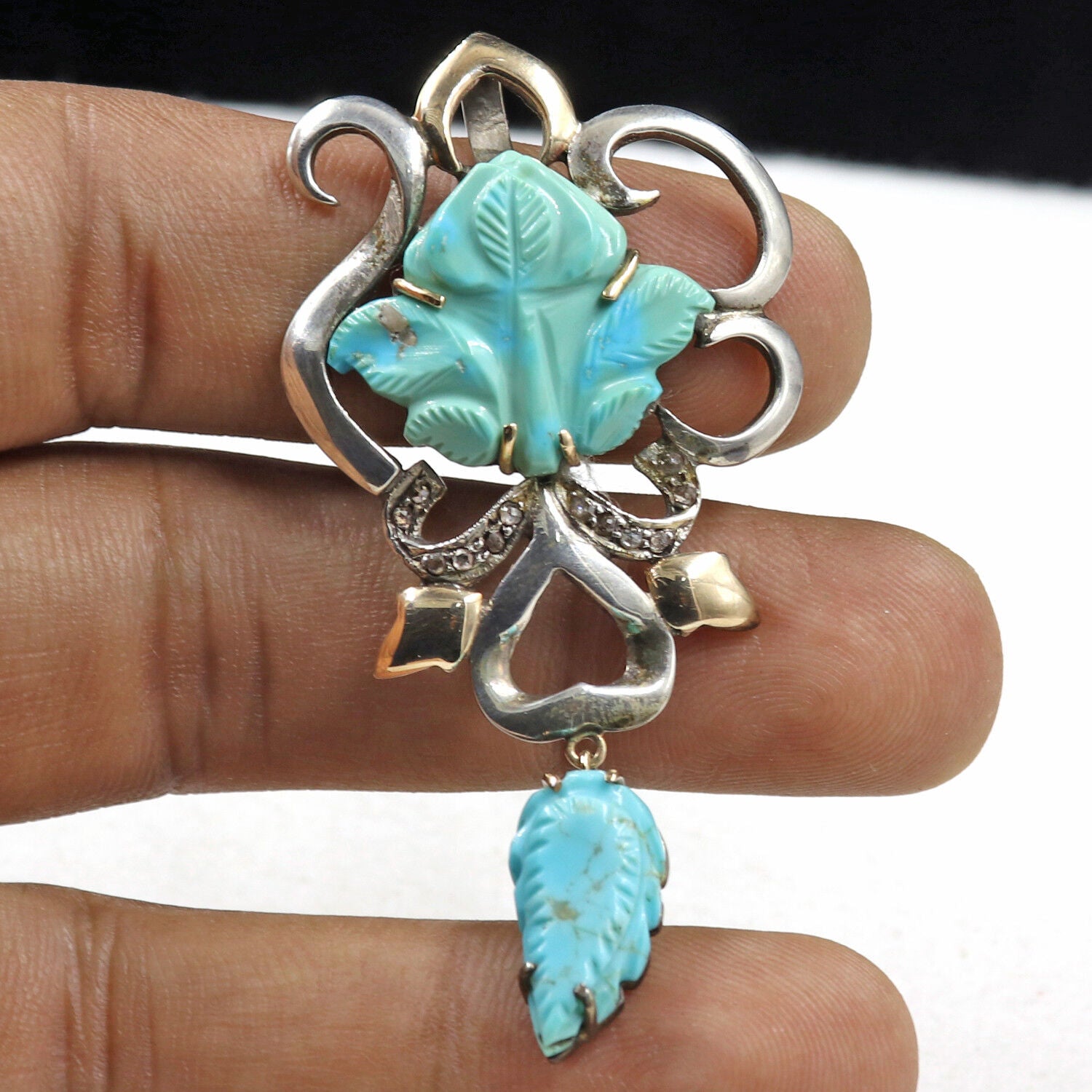 NATURAL REAL TURQUOISE CARVED DIAMOND VICTORIAN PENDANT IN 925 SILVER & GOLD