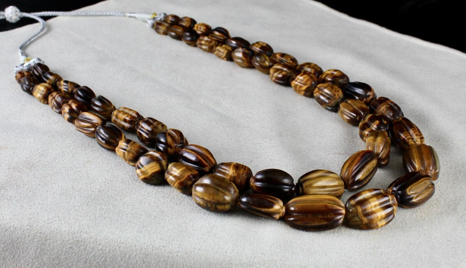 NATURAL TIGER'S EYE BEADS CARVED 2 LINE 785 CTS GEMSTONE LADIES ANTIQUE NECKLACE