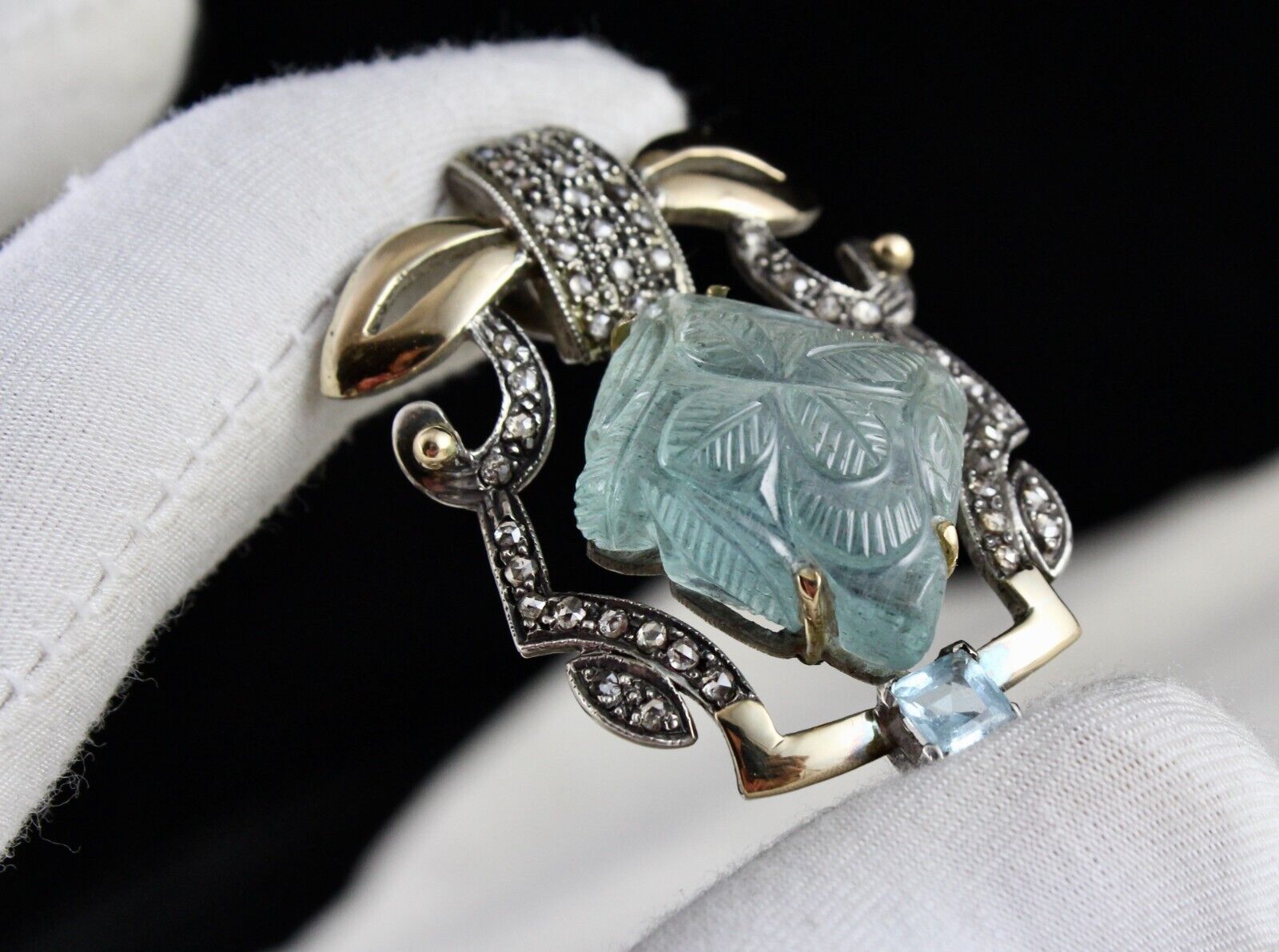 Natural Blue Aquamarine Carved Diamond 18K Gold 925 Silver Victorian Pendant