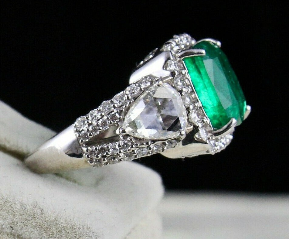 Certified Natural Zambia Emerald Cushion 4.87ct Natural Diamond 18k Gold Ring