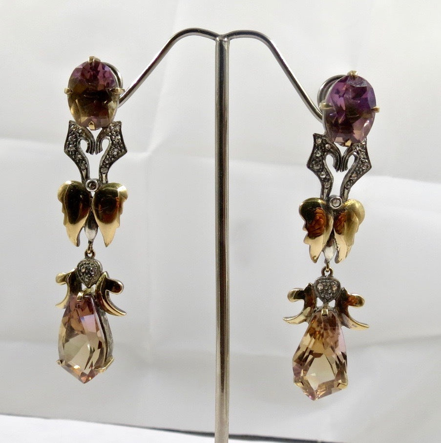 Certified Natural Ametrine 99.67ct Victorian 18k Gold & Sterling Silver Earrings