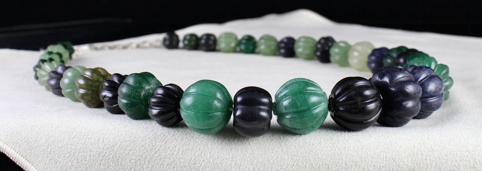 Natural Multi Jade Melon Carved Beads 960 Ct Blue Green Gemstone Silver Necklace