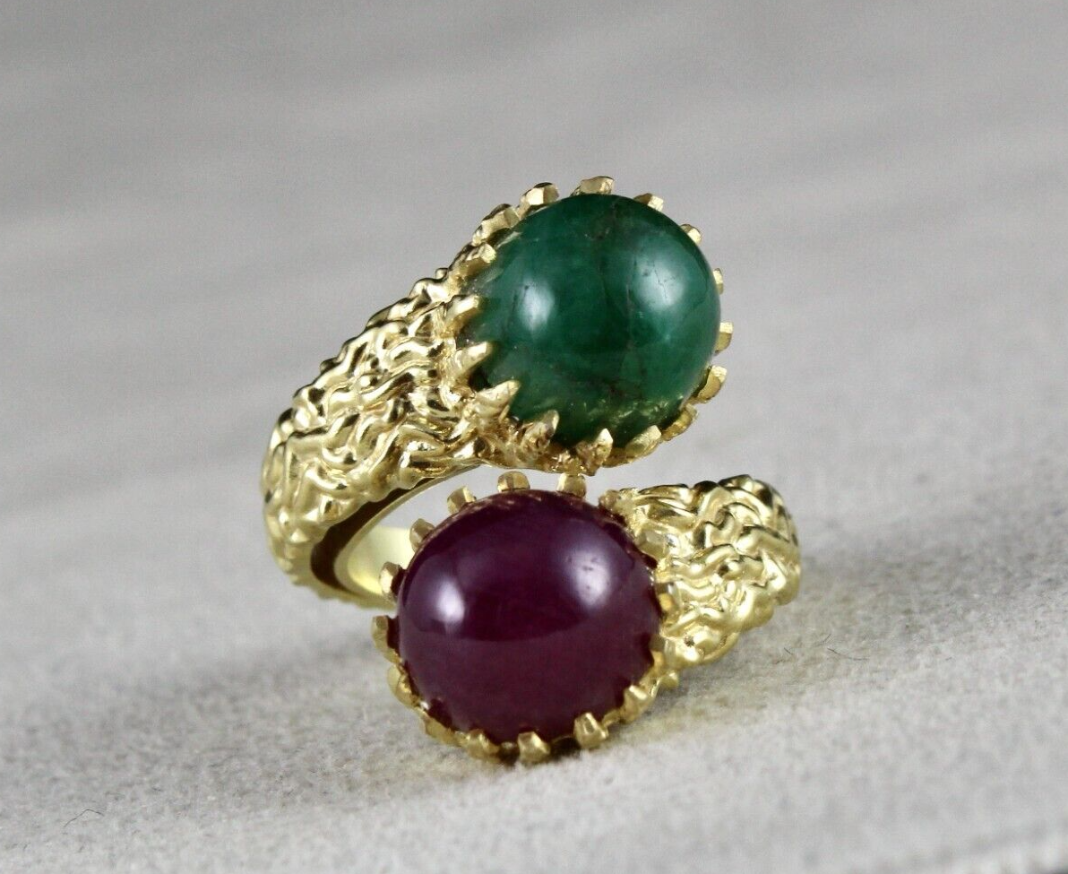 Certified Antique Emerald 10ct Ruby Natural Diamond Sterling Silver Carved Ring