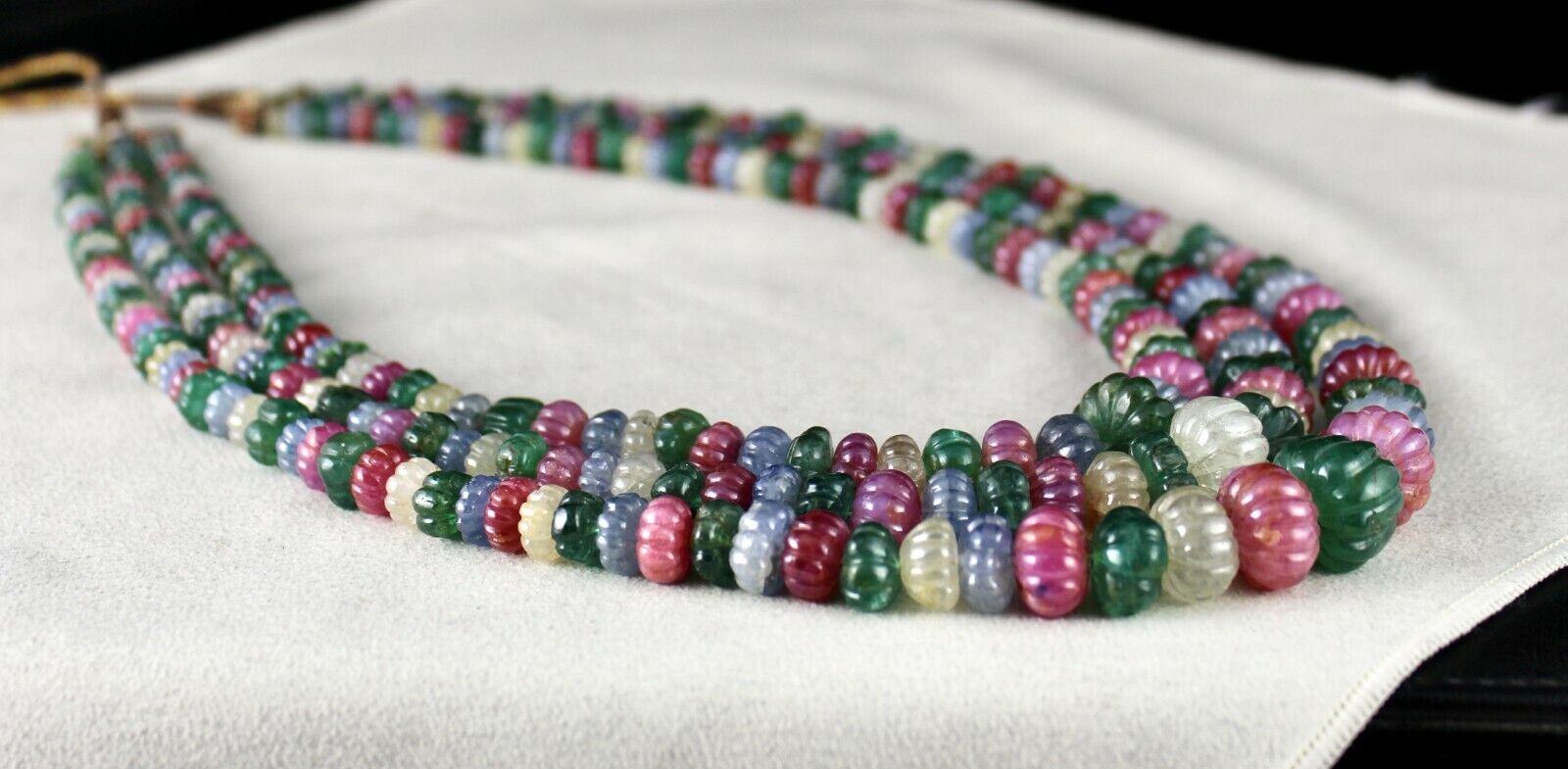 Certified Natural Emerald Ruby Sapphire Beads 1173 Ct Melon Carved Fine Necklace