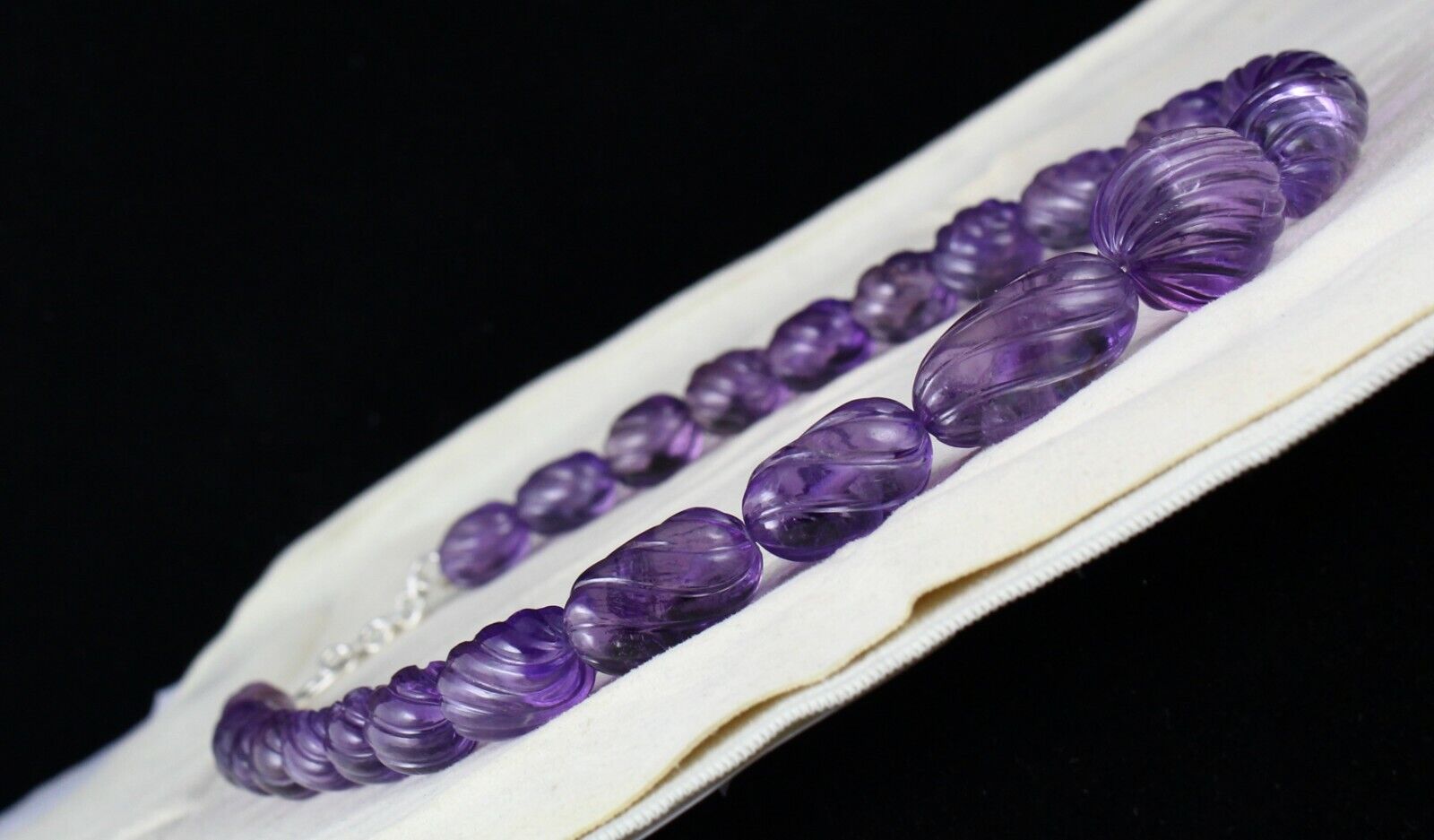 Natural Amethyst Beads Carved Oval Melon 737 Ct Gemstone Silver Vintage Necklace