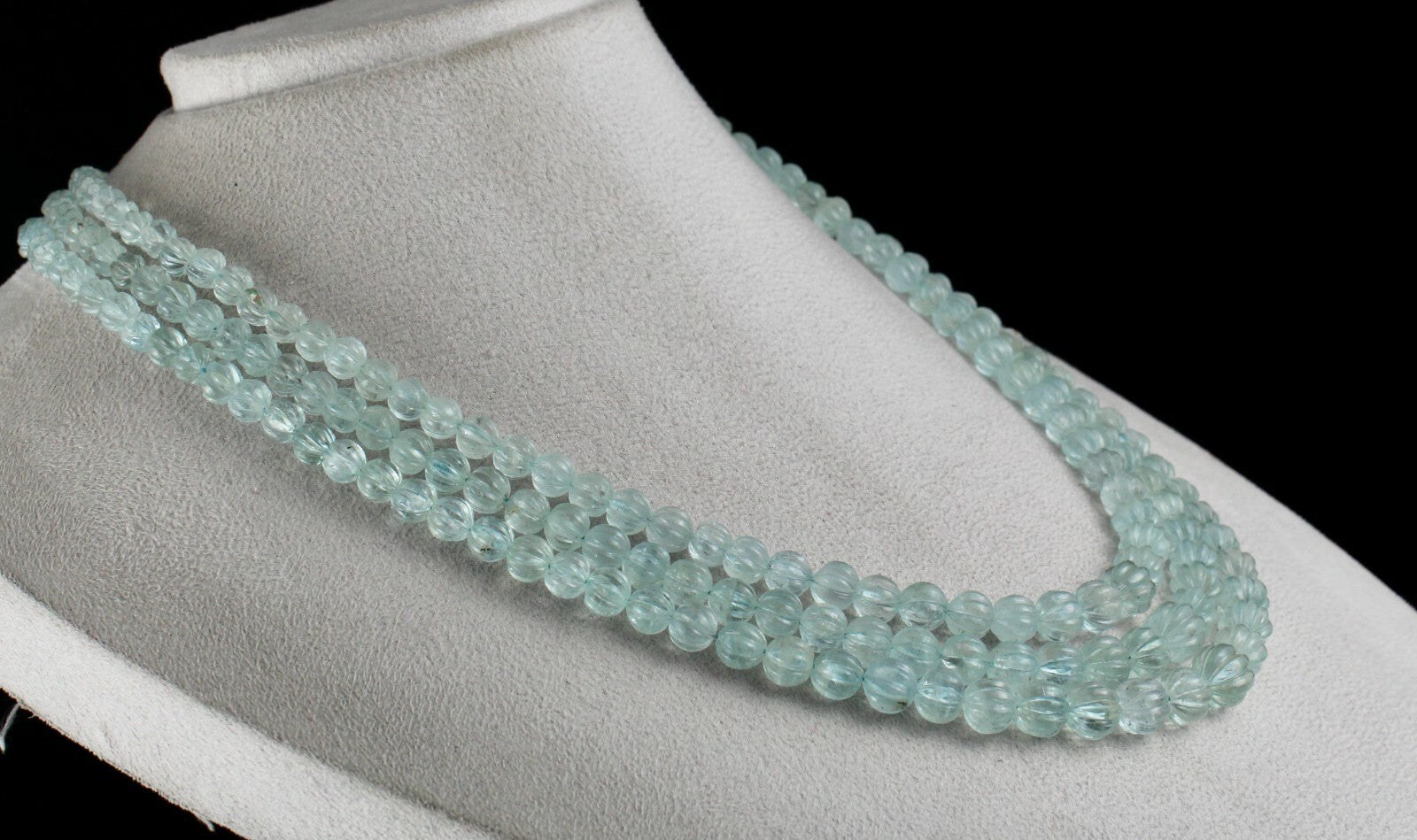 Certified Natural Aquamarine 597 Ct Carved Beads Melon Necklace For Women