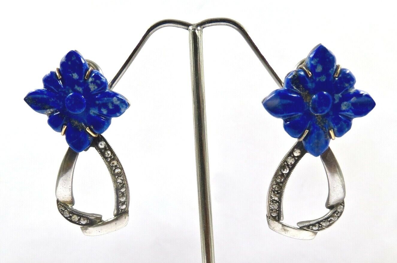 Natural Lapis Lazuli Carved Flower Diamond 18K Gold Silver Victorian Earring