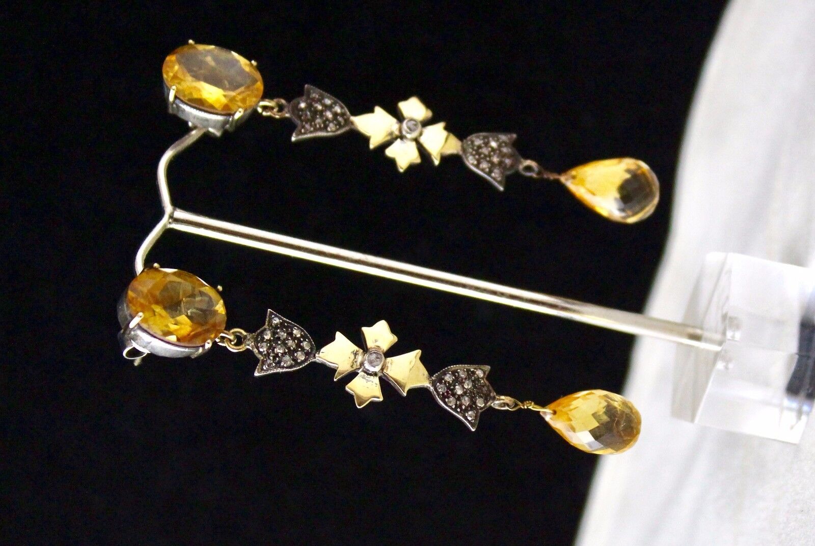 YELLOW CITRINE CUT DROP GEMSTONE DIAMOND 18K GOLD 925 SILVER VICTORIAN