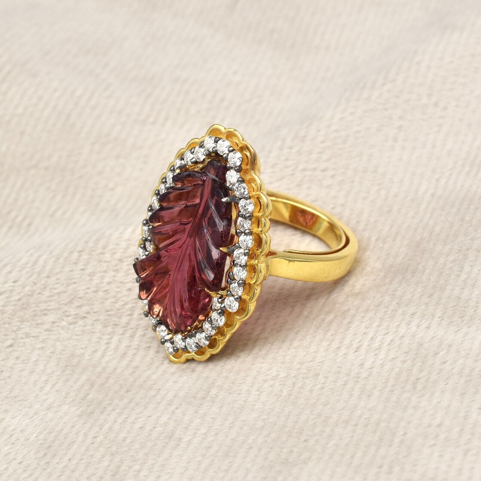 Fine Natural Pink Tourmaline Engraved Leaf Moissanite 925 Silver Statement Ring