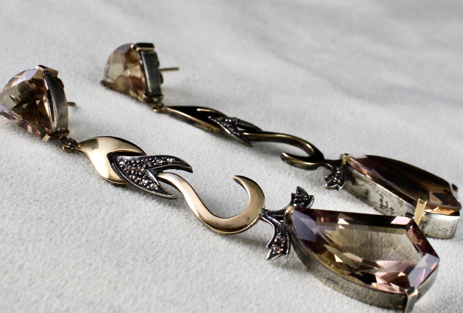 Natural Ametrine Cut 18K Gold Diamond & 925 Silver Victorian Statement Earring