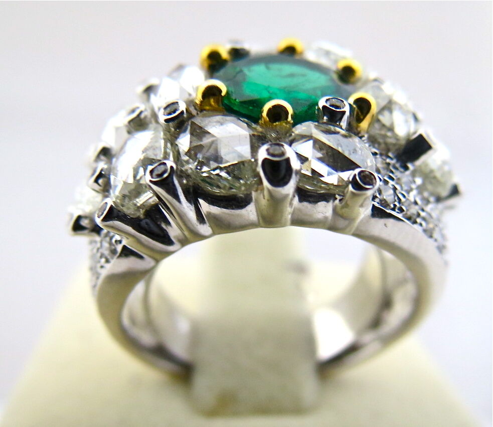 TOP NATURAL ZAMBIAN EMERALD ROUND CUT ROSE CUT DIAMOND 18K GOLD STATEMENT RING
