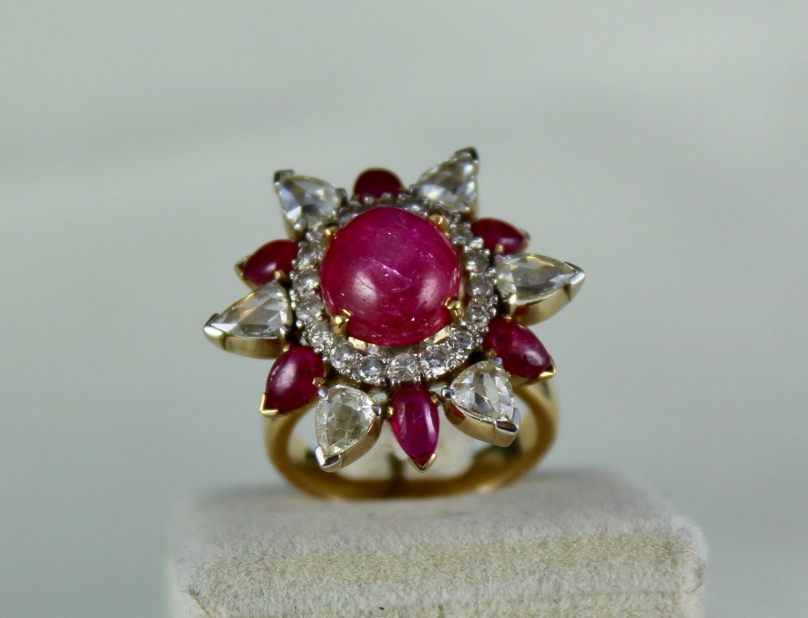 Natural Ruby Cabochon Rose Cut Diamond 18K Yellow Gold Unique Cocktail Ring