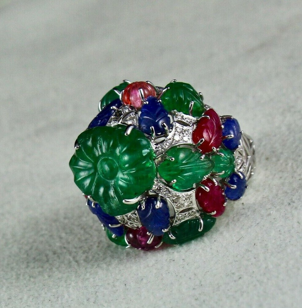 Certified Emerald Spinel Ruby 10ct Natural Diamond 18k Gold Tutti Frutti Ring