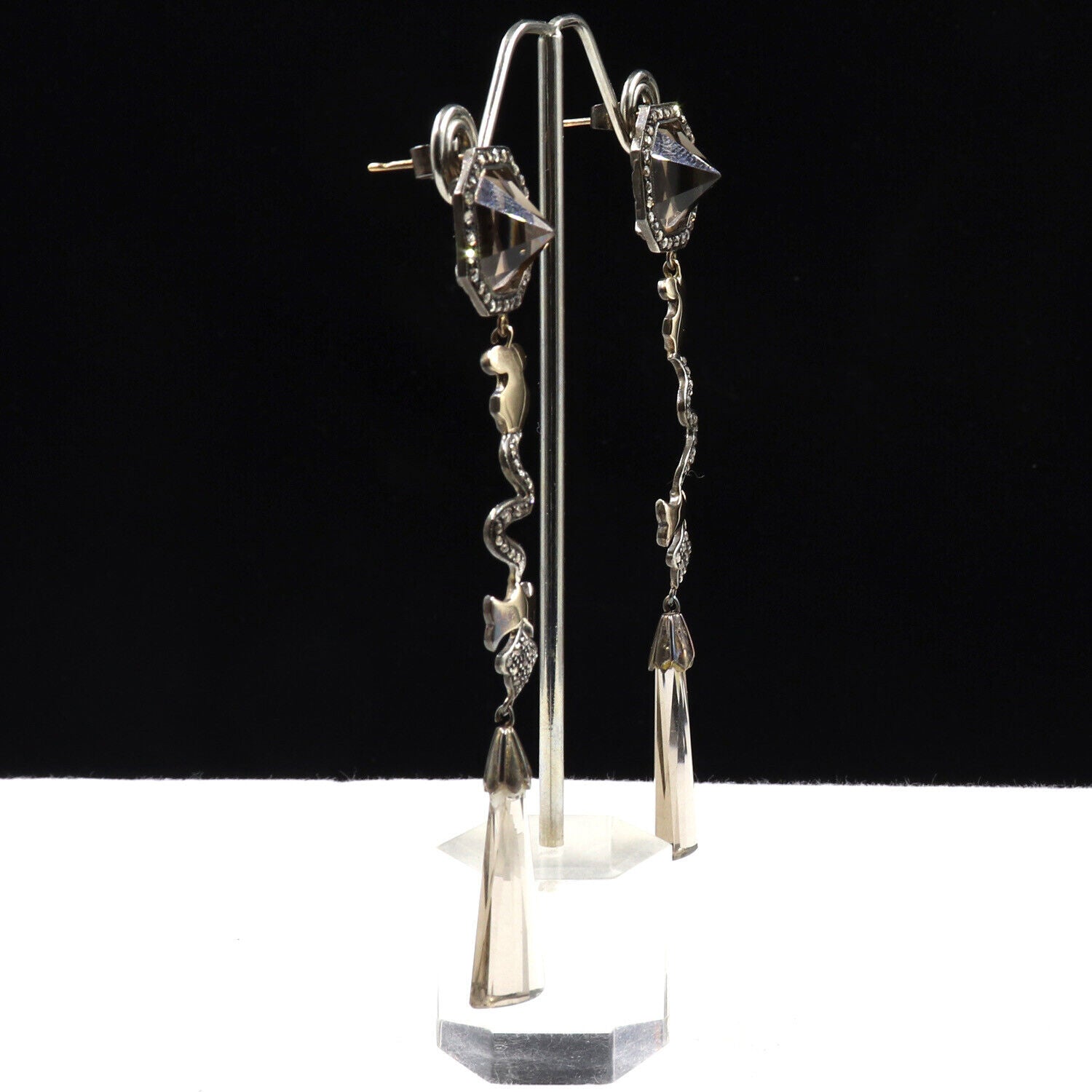 Old Natural Smoky Quartz Cut Gemstone Diamond 18K Gold Silver Victorian Earring