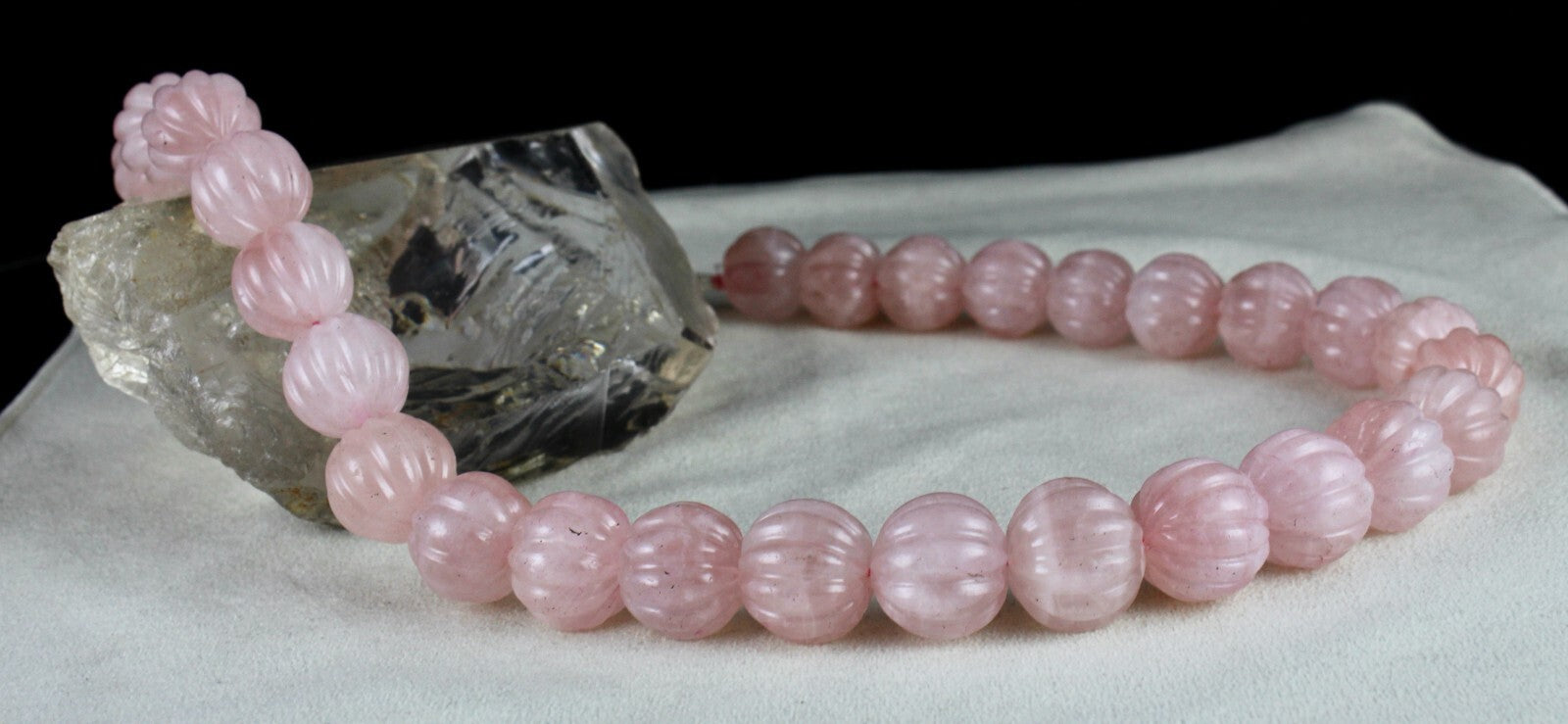 Natural Rose Quartz Melon Carved Beads Necklace 1185ct Gemstone Sterling Silver