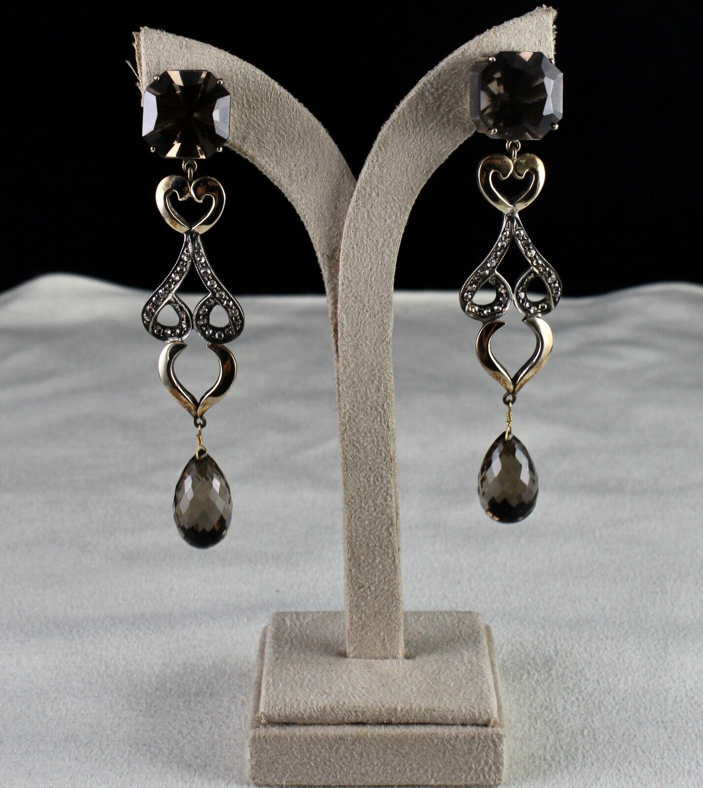 NATURAL SMOKY QUARTZ GEMSTONE DIAMOND 18K GOLD VICTORIAN SILVER DANGLE EARRING