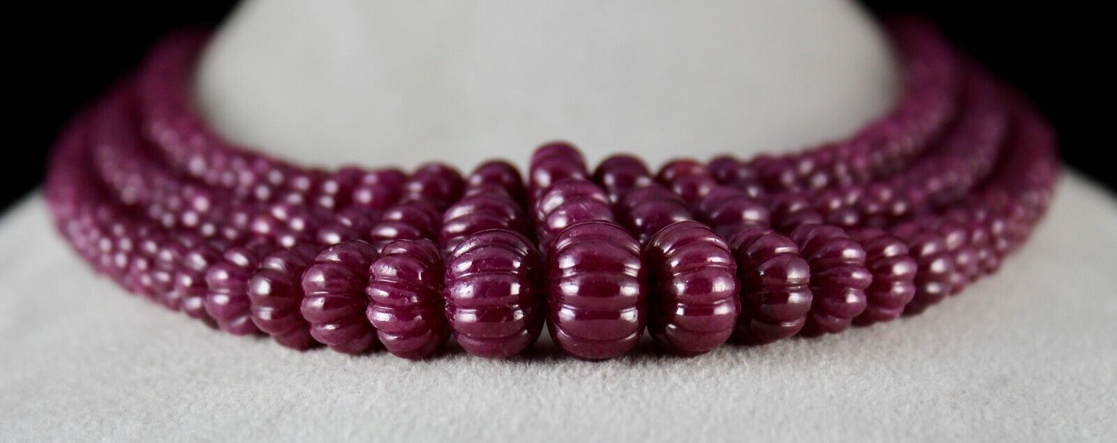 NATURAL UNTREATED RUBY BEADS CARVED MELON 3 LINE 1378 CARATS GEMSTONE NECKLACE