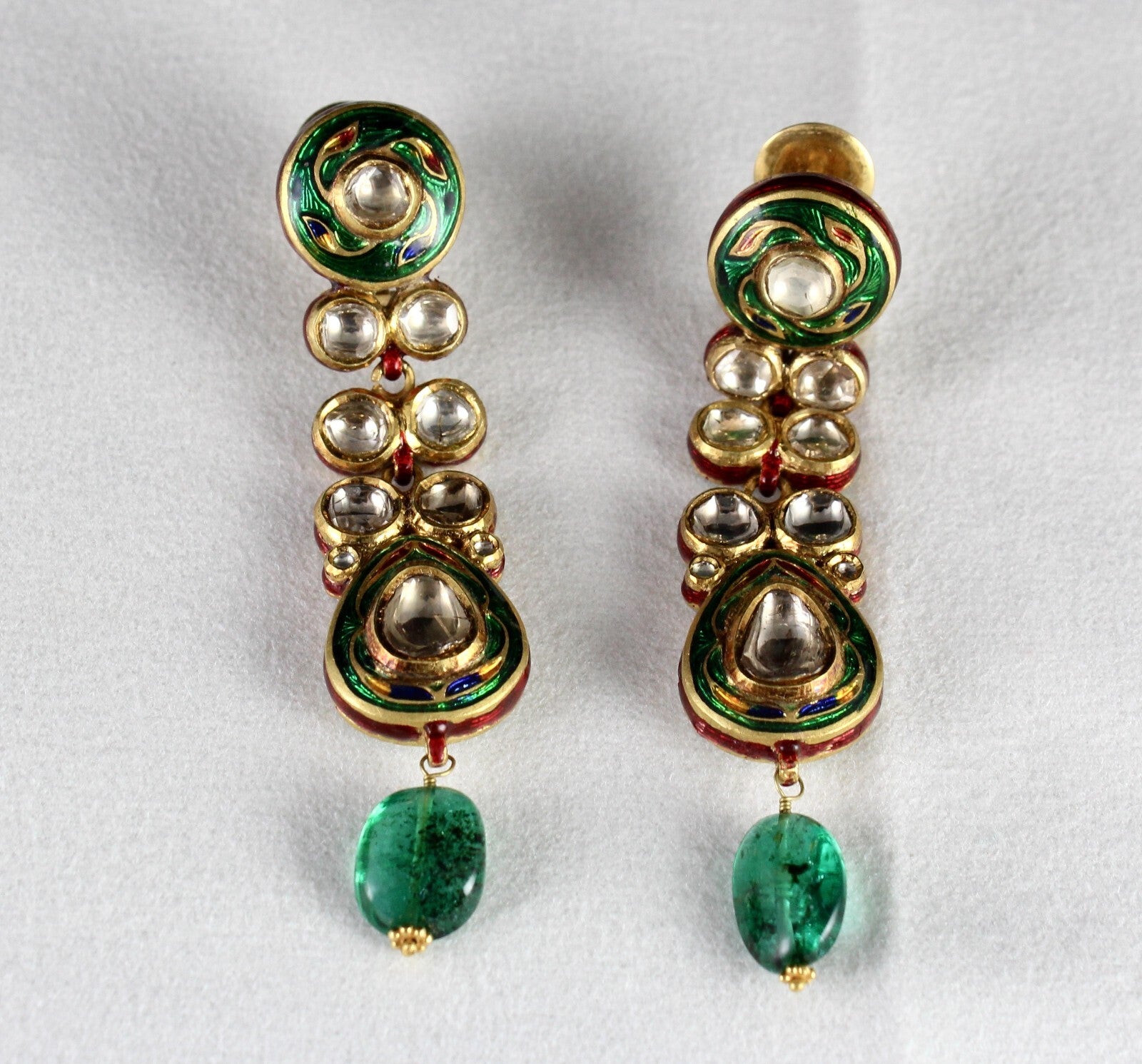 Certified Old Natural Diamond Cut Emerald 22k Gold Jadau Dangle Earrings 152.5ct