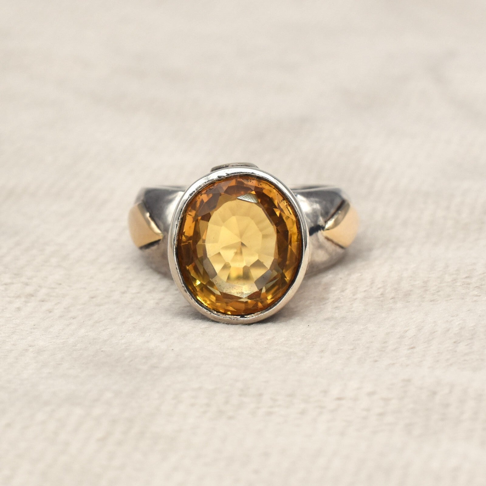 Vintage Yellow Citrine 61ct Natural Diamond 18k Gold 925 Sterling Silver Ring