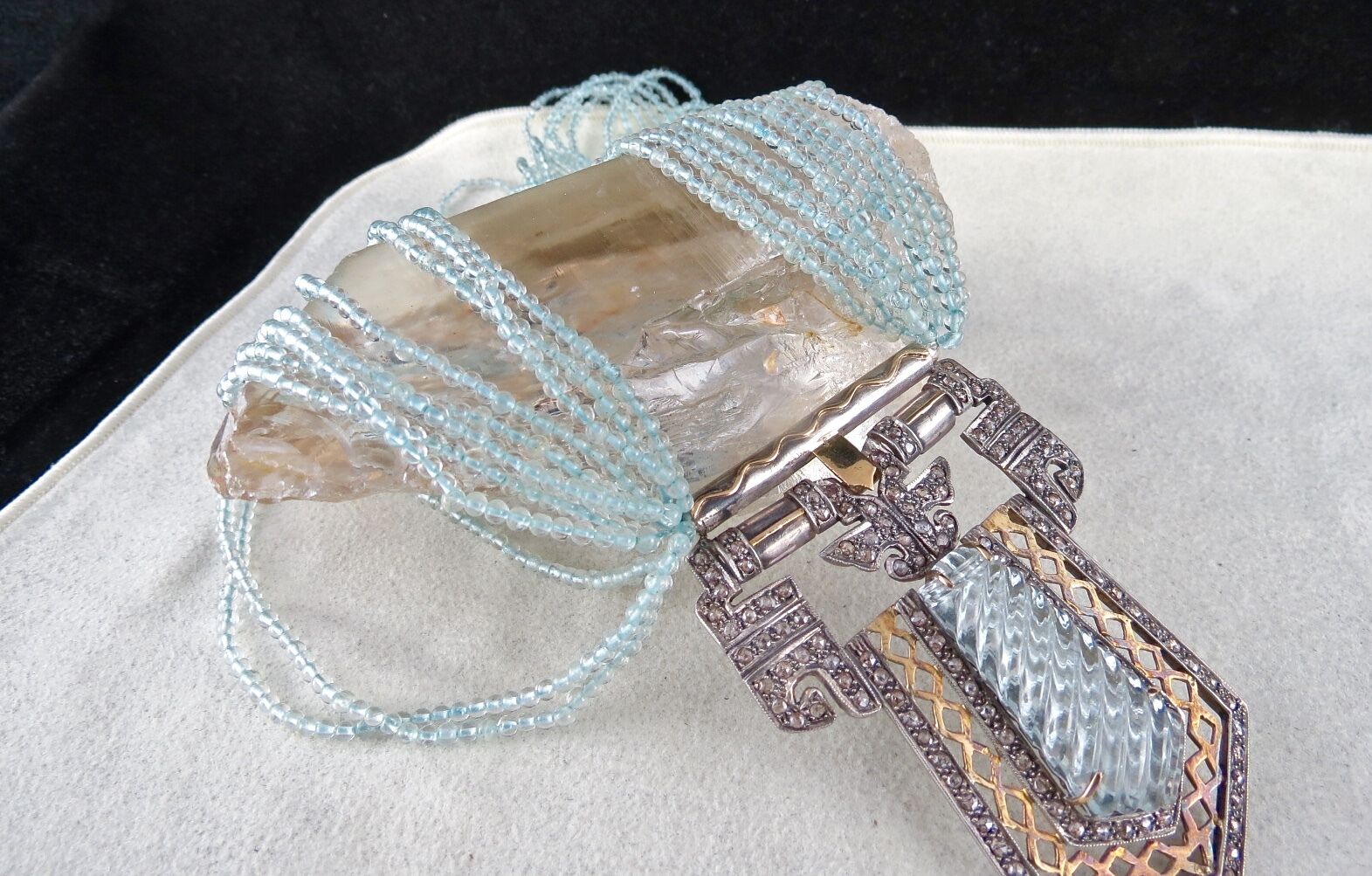 BLUE AQUAMARINE STONE & BEADS DIAMOND GOLD SILVER VICTORIAN EARRING PENDANT SET