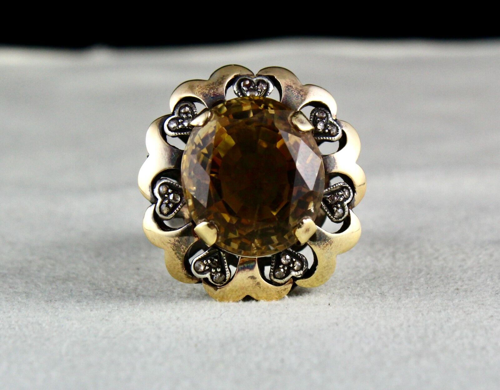 Antique Big Yellow Citrine Cut Diamond 18k Gold 925 Silver Ladies Victorian Ring