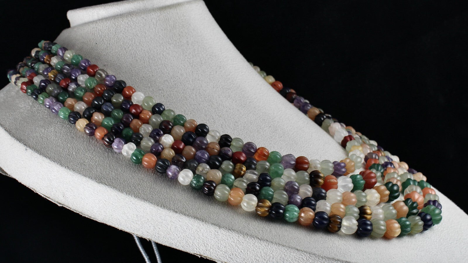 Vintage Multi Natural Semi Precious Carved Melon Beads Necklace 1360 Ct